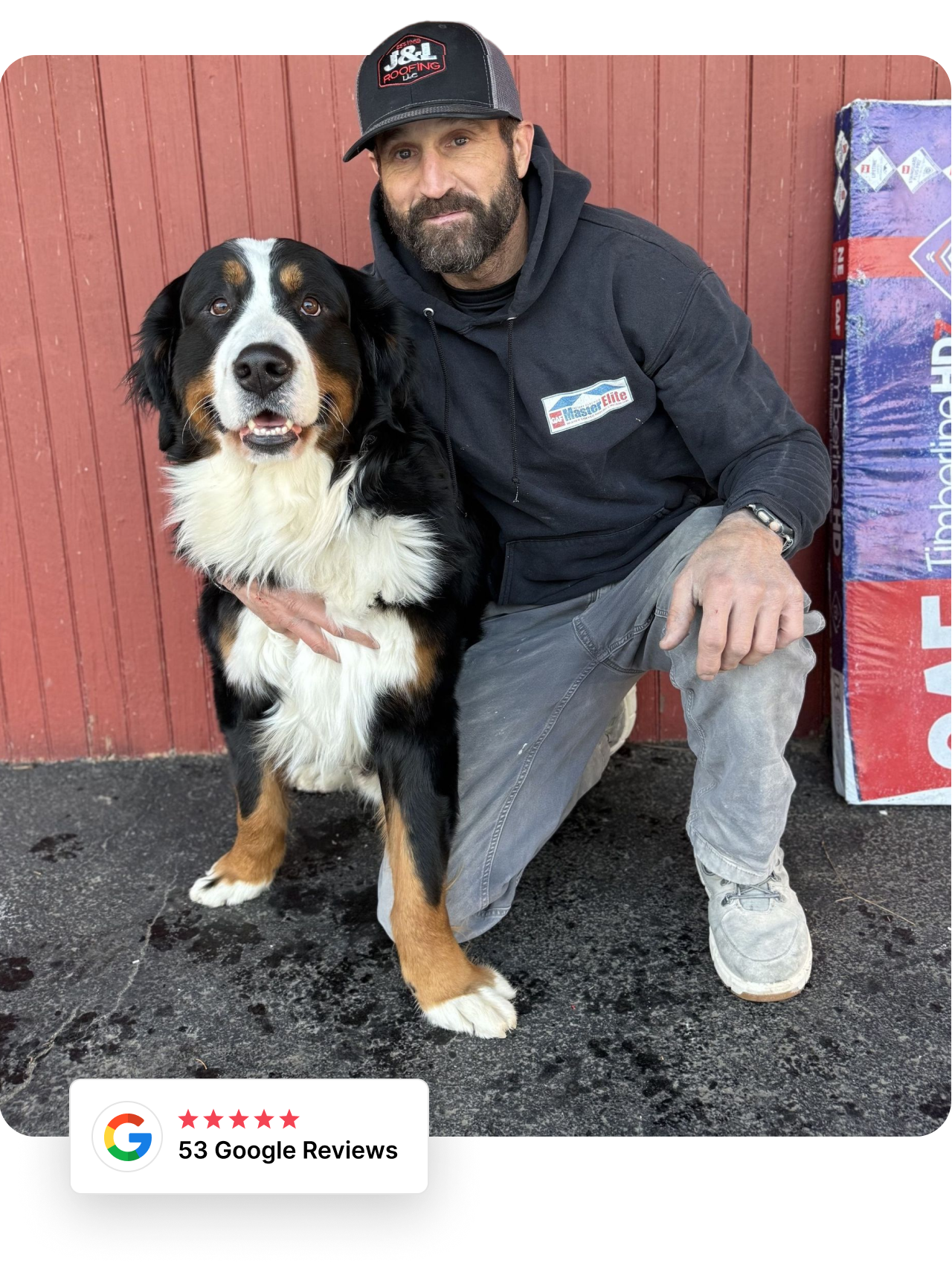 J&L Roofing owner with company dog